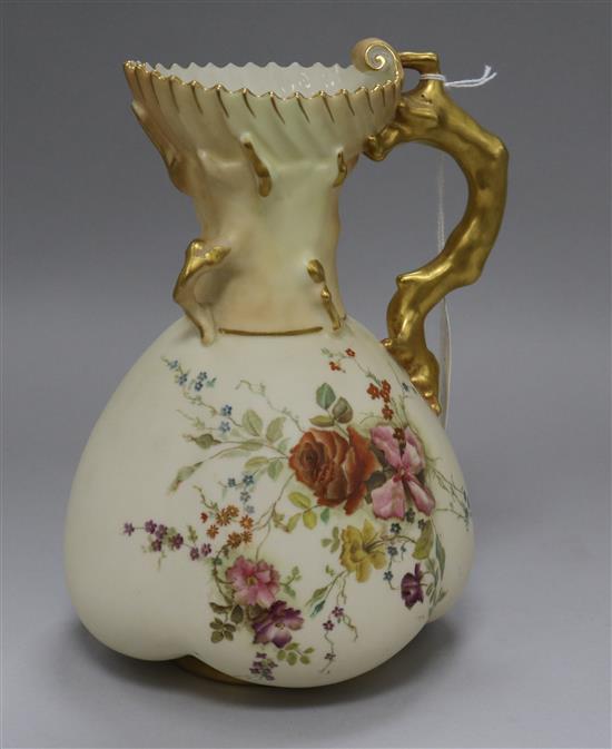 A Royal Worcester floral painted lobed jug with gilt coral handle, pattern no.1507 height 22cm